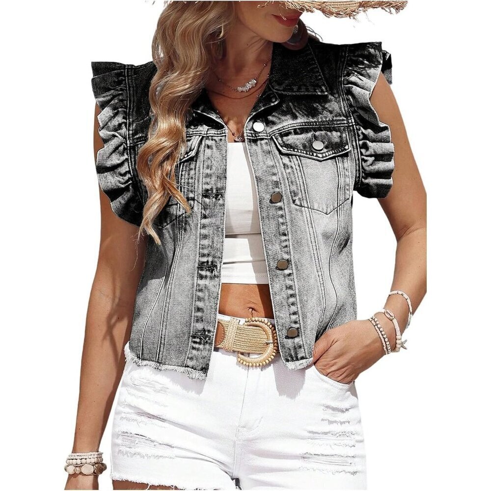 Women’s  Plain Light Grey SOLY HUX Denim Jacket Ruffle Cap Sleeve Cropped Trendy